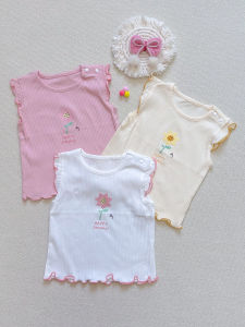 Cute Cartoon Patterned Short Sleeve Summer T-Shirt Thin round Neck Fly Sleeve Shoulder Buckle Top for Baby Girls Cotton Blend