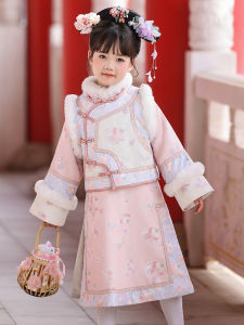 New 2025 Winter Childrens Hanfu Style New Years Outfit Set for Girls Traditional Chinese Costume Long Sleeve Fleece Lined Ensemble