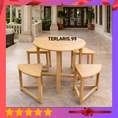 Set Meja Kursi Makan Kayu Bulat Natural – Kursi Cafe Minimalis