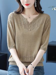 Lace V-Neck Three-Quarter Sleeve Ice Silk Knitted Top Womens Spring Summer Loose Fit Base Shirt Mom Style T-Shirt Korean Version