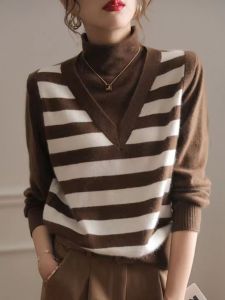 ฤดูใบไม้ร่วง ฤดูหนาว คอสูง ถัก เสื้อสเวตเตอร์ Outlet Clearance Brand Inner Wear Striped Color Block หลวม Fit Long Sleeve เสื้อสวม