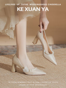 Elegant French Style Pearl Wedding Shoes Womens Fashion High Heels Satin Sharp Headed Shoes for Bridal Gowns And Skirts