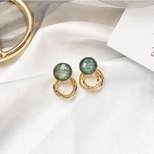 925 Silver Needle Retro Green Brushed round Ear Hook Female Temperament Hong Kong Style Simple Ear Jewelry All-Match Trendy Earrings