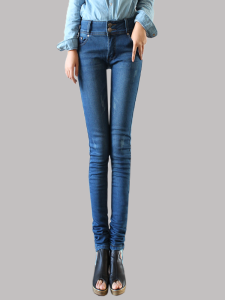 Winter Fleece-Lined Thickened Extended Stretch High Waist Jeans Womens Skinny Pants Extra Long Leg plus Size Blue Warm-Keeping Pants