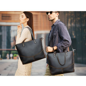 CONTACTS Genuine Leather Tote Bags for Women Men Briefcase Shoulder Messenger Laptop Bags Lady Office Female Bags Handbags for 14.2 MacBook Pro