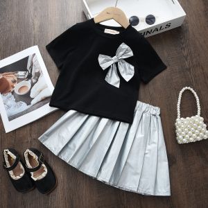 Korean Version 3-7Y Girl Fashion Round Neck 3D Bow Short Sleeved +Pleated Skirt 2Pcs Set Kids Casual Clothes