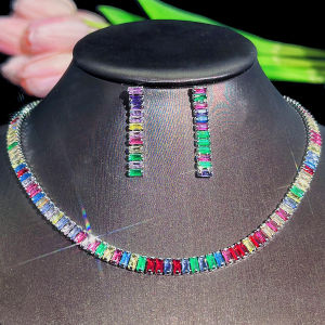 SEQUITO Excellent Mix Colorful White Gold Plating Party Prom Jewelry Set with Women Baguette Cut Multicolor AAA Cubic Zircon Stones Chain Choker Necklace Drop Earrings Sets SJ390