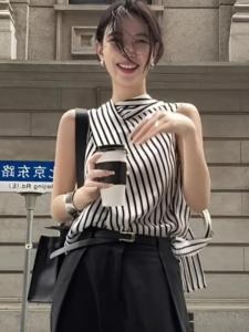 French Luxurious Stripe Pattern Sleeveless Shirt Womens Summer New Style Draped Loose Slimming Top Commute Style Casual Fit
