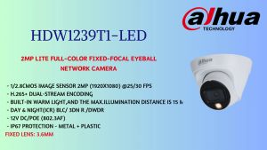 Dahua 2MP 2 Megapixel Full Color 24Hour IP67 IP Network Turret Dome CCTV Camera 3.6mm Lens 30m IR POE 12V HDW1239T1-LED