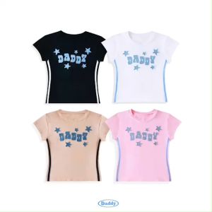 DADDY | C เสื้อ Baby Tee รัดรูป ปักกรุยดาวผ้ายีนส์ สีดำ สีชมพู สีขาว สีครีม - งูบ้าง