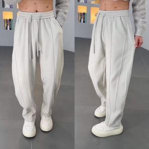 กางเกงลำลองผู้ชายหนาและอบอุ่นในฤดูหนาว กางเกงขายาวทรงตรงหลวมๆ ทรงหลวมๆ ดีไซน์ทันสมัย ​​กางเกงขายาวสำหรับใส่สบาย