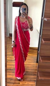 ready made embroidery chinon saree