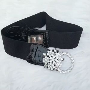 Dây thắt lưng da PU khóa cài họa tiết đính đá đai váy da đen chun co giãn bản 5cm