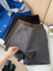 Retro Tweed Material Side Slit Mini Skirt Womens Autumn Winter plus Size Anti-Light Fake Two-Piece A-Line Half Body Skirt