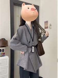 BINKAFENNY | Youthful Stylish Gray Asymmetric Collar Coat