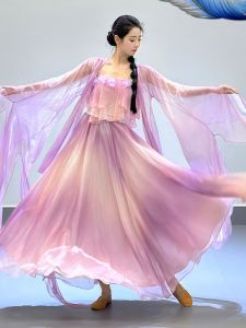 Elegant Long Classical Dance Costume Womens Flowing Fairy-like Big Sleeve Petal Sleeve Long Rhythm Silk Dress Skirt Set