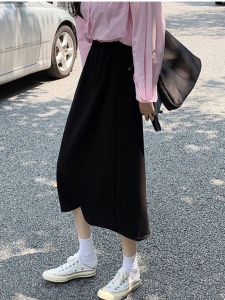 กระโปรงทรงเอเอวสูงทรงเอผ้ากำมะหยี่สีเทา กระโปรงทรงเอผ้ากำมะหยี่ทรงเอเอวสูงสำหรับผู้หญิง ฤดูใบไม้ร่วง/ฤดูหนาว กระโปรงทรงเอยาวปานกลาง