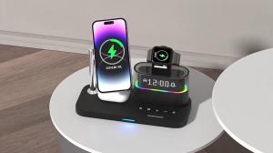 15W đa chức năng sạc không dây nhanh 5-in-1 sạc điện thoại từ chủ với đồng hồ báo thức và RGB đèn ban đêm