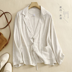 Áo Khoác Vest Cotton Lanh Cổ Bẻ Dài Tay Thường Ngày Cỡ Lớn Mùa Thu Áo Khoác Cardigan Hai Túi Cổ Điển Phong Cách Trung Hoa Cổ Điển