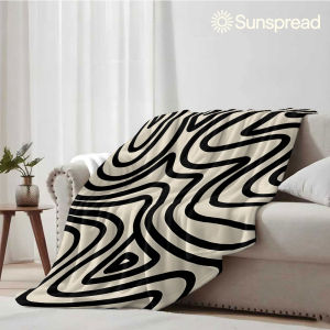 Beast Kingdom | Beige Abstract Black Wavy Line Soft Warm Flannel Blanket Lightweight Cozy Christmas Halloween Home Decor Room