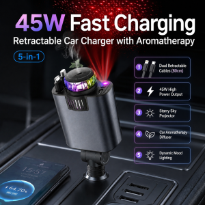 45W Retractable Car Charger with Aroma Diffuser Ambient Light Built-in Lightning Type-C Cable 3 Devices Fast Charging 12V-24V