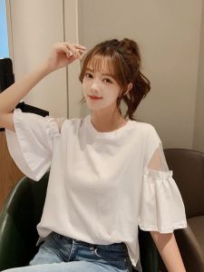 Summer White Short Sleeve T-Shirt Womens Short Style 2022 Korean Trend Ins Loose Half Sleeve Shoulder Bared Top Casual round Neck Polyester Fabric