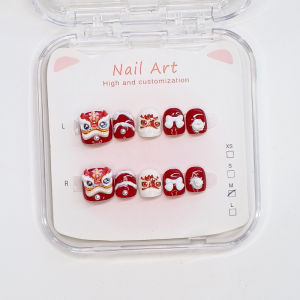 New Year Children's Wearable Short Nail Art Festive Lion Design Detachable False Nails Easy to Wear And Remove Beauty Tools