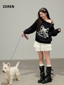 ZHANGDAREN | Bộ Đồ Giảm Cân Dành Cho Phụ Nữ Size Lớn Mùa Thu Đông Áo Len Trễ Vai và Chân Váy Xòe