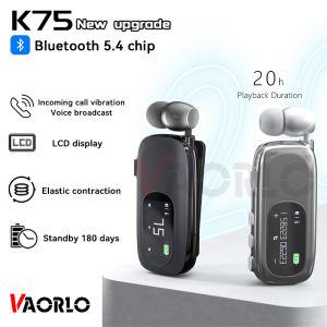 K75 Lavalier Business Bluetooth 5.4 Headphone Talk Time 20 HoursLED DisplayVoice broadcast Wireless Earphones For Work Driving