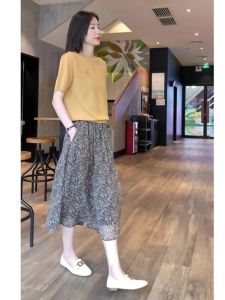 Elegant Floral Print Half Skirt And Short Sleeve Top Two Piece Set Korean Style High Waist a Line Midi Skirt for Women