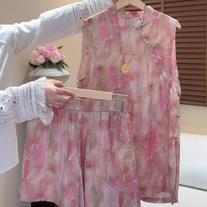 Shalldoer | New Chinese Style Womens Two-Piece Set Summer Casual Top With Button Side Slits And Short Pants Round Neck Short Sleeve