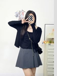 plus Size Womens Long Sleeve Cardigan Coat Autumn New Design Sense Pleated Mini Strap Outerwear Two-Piece Set Pear Shaped