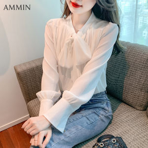 AMMIN เสื้อคอวีผ้าชีฟองผูกโบว์สำหรับผู้หญิงเสื้อชีฟองแขนยาวเสื้อลำลองเสื้อลำลองแต่งระบายสไตล์ฉบับภาษาเกาหลีเสื้อแขนยาวสำหรับฤดูใบไม้ผลิและฤดูใบไม้ร่วง2023