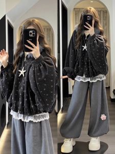 XUECAIQI | Batwing Dots Corduroy Velvet Coat Lantern Pants Set