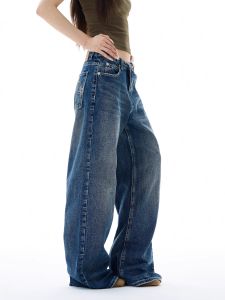Womens Loose Straight Leg High Street American Style Jeans Wide Leg Trousers with Patch Design Couple Trendy Brand