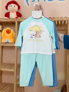 Dài tay cài chéo in gấu BT022 BENTY chất vải mềm mịn mát bé trai bé gái bộ dài ngủ điều hòa