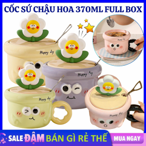 Cốc Sứ Hình Chậu Hoa Dễ Thương Có Nắp Đậy Và Thìa Kèm Hộp Làm Quà Tặng - Ly Sứ Uống Nước Cốc Cafe Trà - Bộ Ly Sứ Uống Nước Chịu Nhiệt 370ML / Tách Uống Cà Phê Có Hộp Làm Quà Tặng