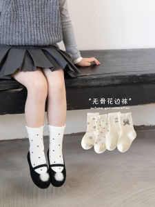 Girls Cotton Socks Pure Combed Cotton No-Show Princess Style Mid-Calf Spring Autumn Childrens Knitted Tights Baby Girls Footwear