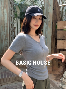 Basic House | V-Neck Wrinkle Waist-Cinching T-Shirt