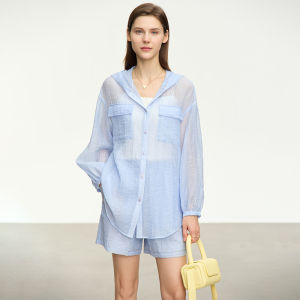AMII | Summer Casual Hooded Sheer Wrinkle Textured Shirt Shorts Set