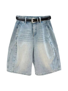 กางเกงยีนส์ทรงหลวมเอวสูง 5 ส่วนสำหรับผู้หญิง กางเกงขาสั้นทรงตรงสบายๆ สำหรับฤดูร้อน ทรงลำลอง เอฟเฟกต์กระชับสัดส่วน