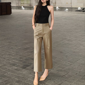 PIAOYA | Quần Dài 9 Phân Chất Tencel Màu Khaki Form Rộng Cao Waist