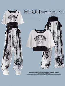 Dopamine Summer Fashion Student Korean Short Top T-shirt Wide Leg Pants Three-piece Set round Neck Short Sleeve Long Pants