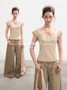 BAIDAIFEI | False Two-piece Square Collar Lace Edge T-shirt Female Summer Slim Fit Short