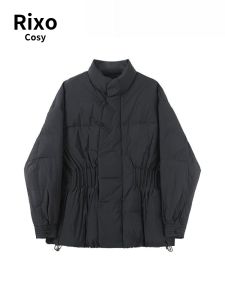 Retro Chinese Style Button down Duck down Jacket Womens Size Small Waist Cinched White Duck Feather Outerwear