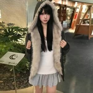 Vintage Fashion Striped Fur Collar 2026 Winter New Down Cotton Jacket New Womens Long-sleeved Loose Zipper Hooded Jacket