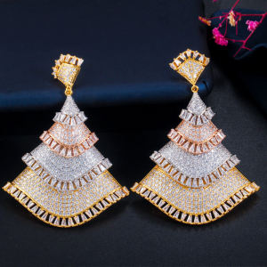 New Fashion Colorful Micro-Paved Full Diamond Zirconium Dress Earrings Pure Silver Needle Fan Shaped Long Luxury Heavy Duty Womens Jewelry