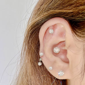 Titanium Steel Double Ball Stud Earrings Personality Flat Head Double-End Screw Tightening Buckle Rhinestone Ball Ear Bone Stud Cochlear Bone Super Flash Thin Needle Flat