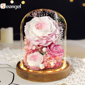 Seangel Newest Immortal Real Flower Big Rose Glass Cover Finished Gift Box Dried Flower Decoration for Girlfriend Birthday Christmas Womens Day gifts