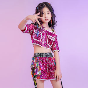 BIZOT 2Pcs Kids Glitter Purple-Red Sequin Crop Tops Shorts Set: The Perfect Dance Wear